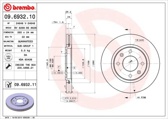 Brembo 09.6932.10 - Тормозной диск autosila-amz.com