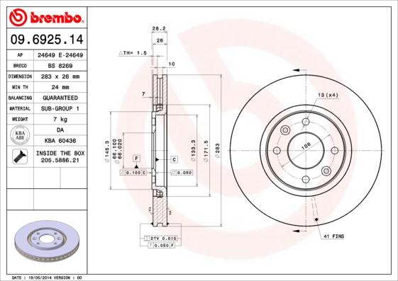 Brembo 09.6925.14 - Тормозной диск autosila-amz.com