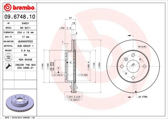 Brembo 09.6748.10 - Тормозной диск autosila-amz.com