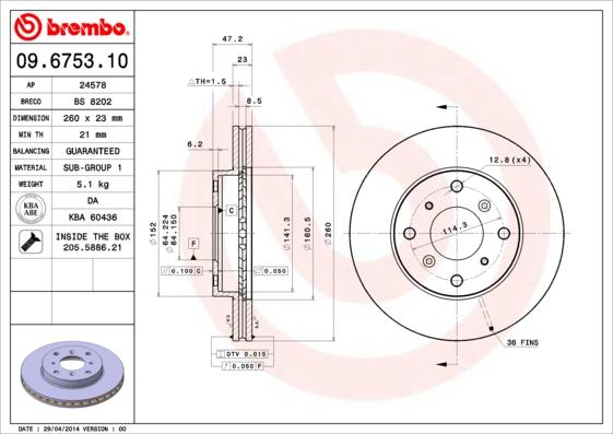 Brembo 09.6753.10 - Торм.диск передний (вент. с винтами) HONDA Accord (VII) 1.6i 16V (CG) (10.98-2.03) (кол-во в уп. 2) autosila-amz.com