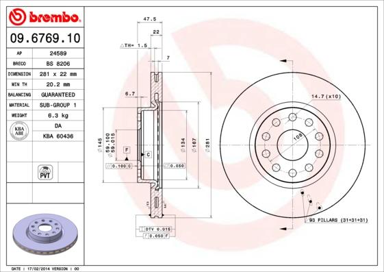Brembo 09.6769.10 - Тормозной диск autosila-amz.com