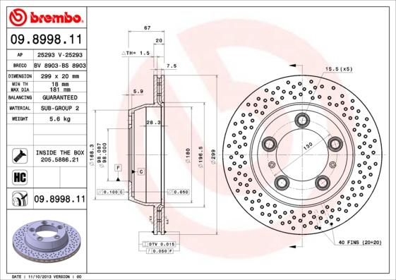 Brembo 09.8998.11 - Тормозной диск autosila-amz.com