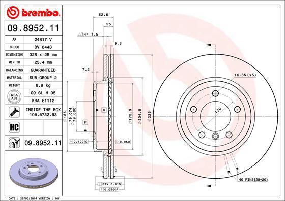 Brembo 09.8952.11 - Тормозной диск autosila-amz.com