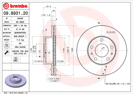 Brembo 09.8931.20 - Тормозной диск autosila-amz.com