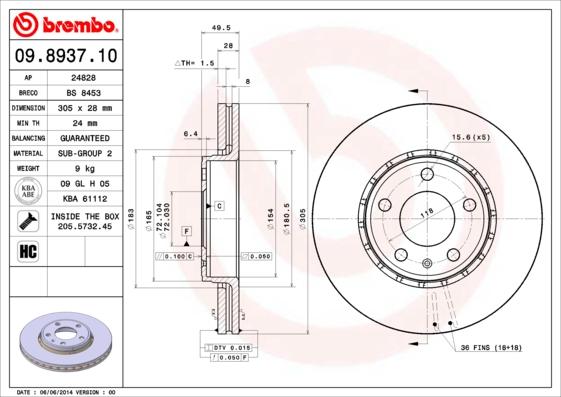 Brembo 09.8937.10 - Тормозной диск autosila-amz.com