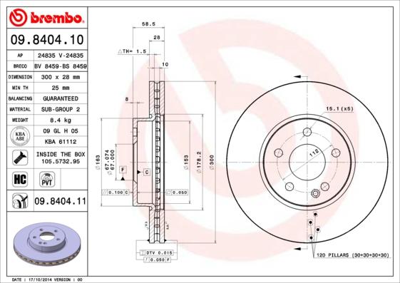 Brembo 09.8404.11 - Тормозной диск autosila-amz.com