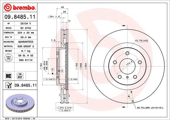 Brembo 09.8485.11 - Тормозной диск autosila-amz.com