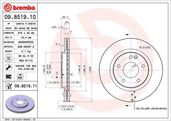 Brembo 09.8519.10 - Тормозной диск autosila-amz.com