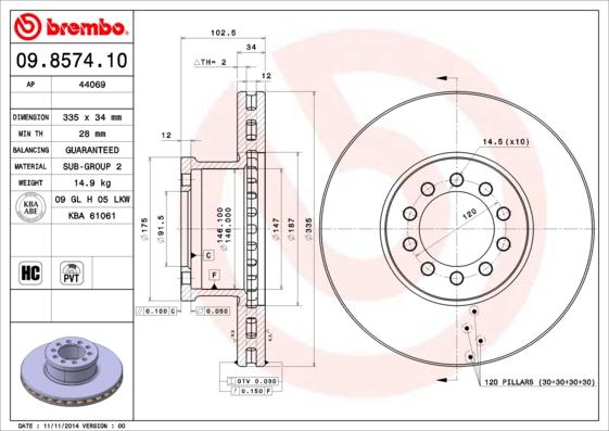 Brembo 09.8574.10 - Тормозной диск autosila-amz.com