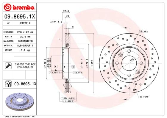 Brembo 09.8695.1X - Тормозной диск autosila-amz.com