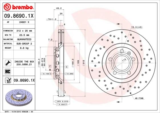 Brembo 09.8690.1X - Тормозной диск autosila-amz.com