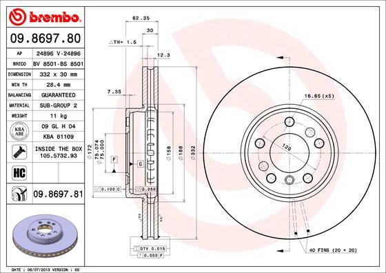 Brembo 09.8697.80 - Тормозной диск autosila-amz.com