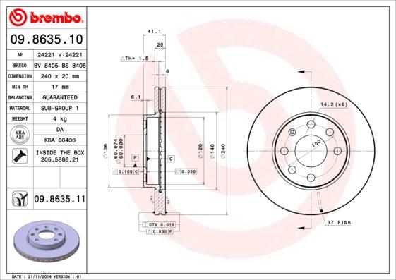 Brembo 09.8635.10 - Тормозной диск autosila-amz.com