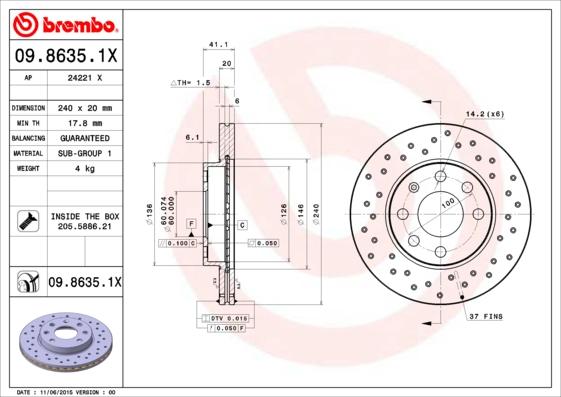 Brembo 09.8635.1X - Тормозной диск autosila-amz.com