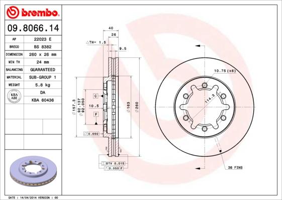 Brembo 09.8066.14 - Тормозной диск autosila-amz.com