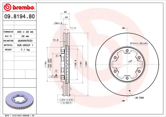 Brembo 09.8194.80 - Тормозной диск autosila-amz.com