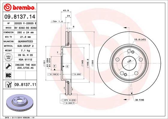 Brembo 09.8137.14 - Тормозной диск autosila-amz.com