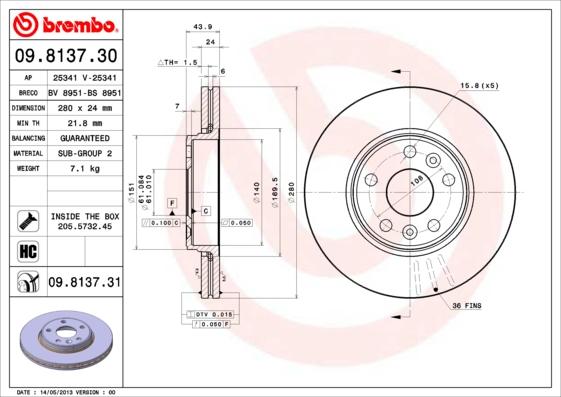 Brembo 09.8137.31 - Тормозной диск autosila-amz.com
