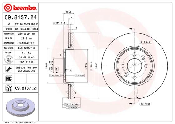 Brembo 09.8137.24 - Диск тормозной передн RENAULT: CLIO II 00-, KANGOO 01-, KANGOO Express 01-, LAGUNA 93-01, LAGUNA Gra autosila-amz.com