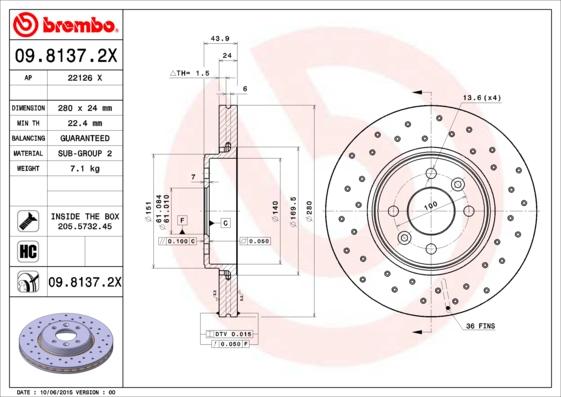 Brembo 09.8137.2X - 09.8137.2X диск тормозной передний! перфорированный Xtra\ Renault Clio/Megane/Laguna 1.6-2.0 96> autosila-amz.com