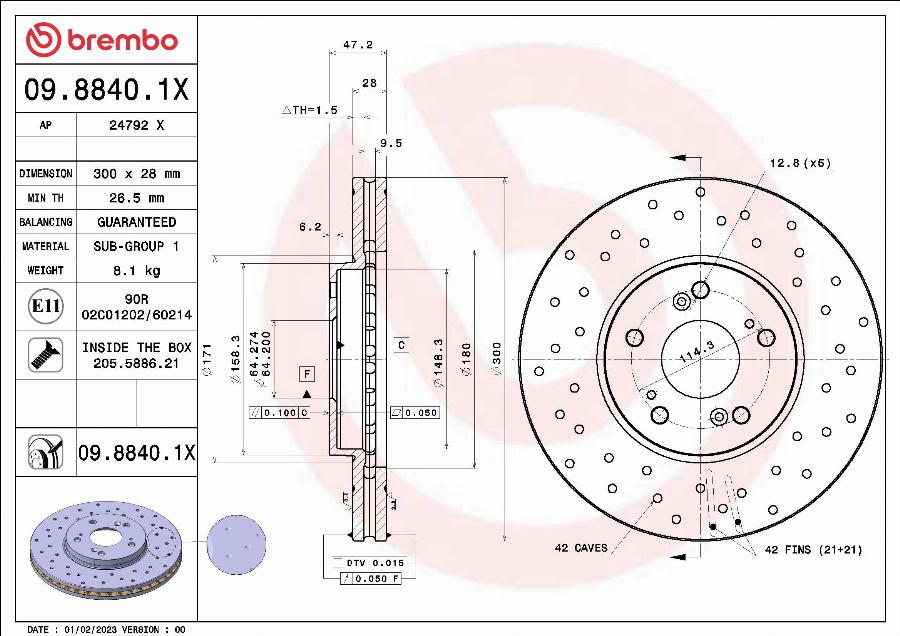Brembo 09.8840.1X - Тормозной диск autosila-amz.com