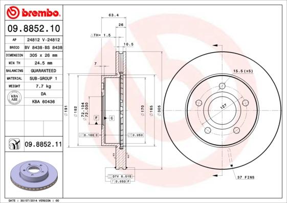 Brembo 09.8852.10 - Тормозной диск autosila-amz.com