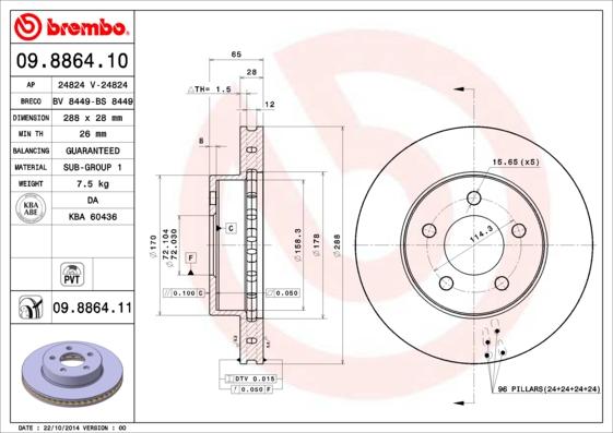 Brembo 09.8864.11 - Тормозной диск autosila-amz.com