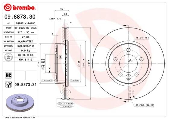 Brembo 09.8873.31 - Тормозной диск autosila-amz.com