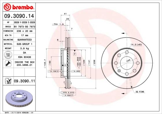 Brembo 09.3090.14 - Тормозной диск autosila-amz.com