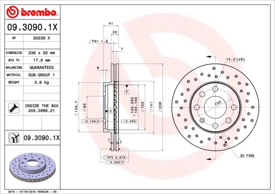 Brembo 09.3090.1X - Тормозной диск autosila-amz.com