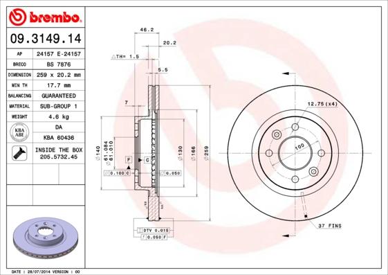 Brembo 09.3149.14 - Тормозной диск autosila-amz.com