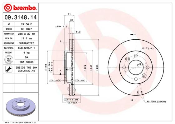 Brembo 09.3148.14 - Тормозной диск autosila-amz.com