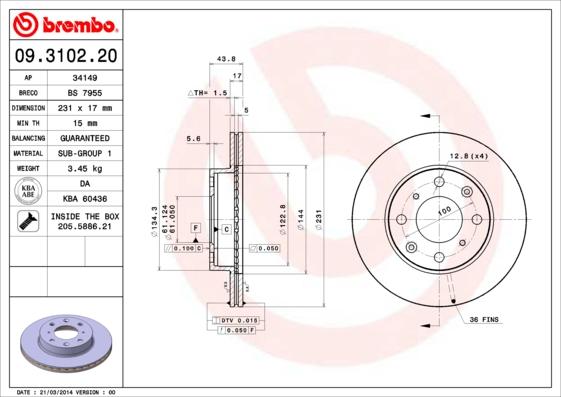 Brembo 09.3102.20 - Тормозной диск autosila-amz.com