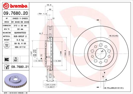 Brembo 09.7680.20 - Тормозной диск autosila-amz.com