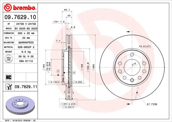 Brembo 09.7629.10 - Тормозной диск autosila-amz.com