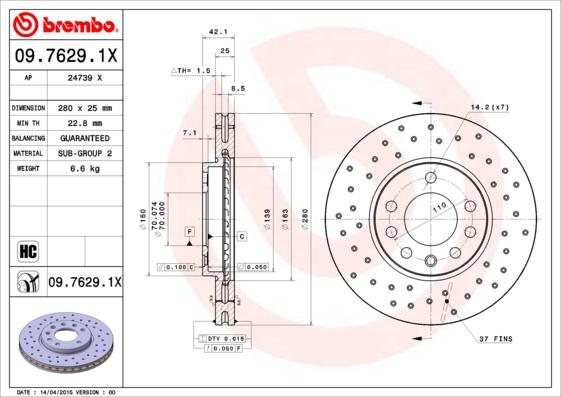 Brembo 09.7629.1X - Тормозной диск autosila-amz.com