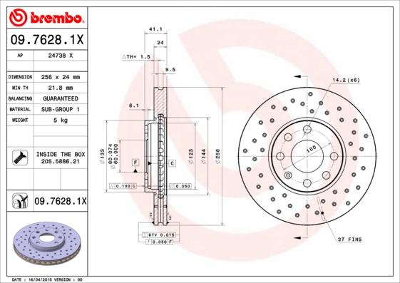 Brembo 09.7628.1X - Тормозной диск autosila-amz.com