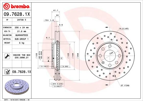 Brembo 09.7628.1X - Тормозной диск, 1шт., Xtra, Вентилируемый/перфорированный, перфорир., передн Лев/Прав, наружный диам autosila-amz.com