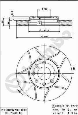 Brembo 09.7628.75 - Диск тормозной VAUXHALL ASTRAVAN Mk IV (G) (08/98-) F / VAUXHALL ASTRA Mk IV (G) Hatchback (02/98-) autosila-amz.com