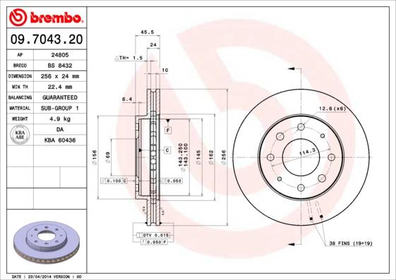 Brembo 09.7043.20 - Тормозной диск autosila-amz.com