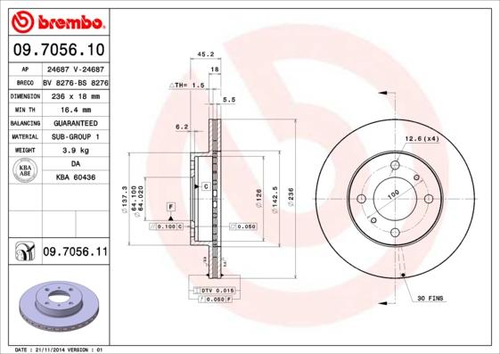 Brembo 09.7056.11 - Тормозной диск autosila-amz.com