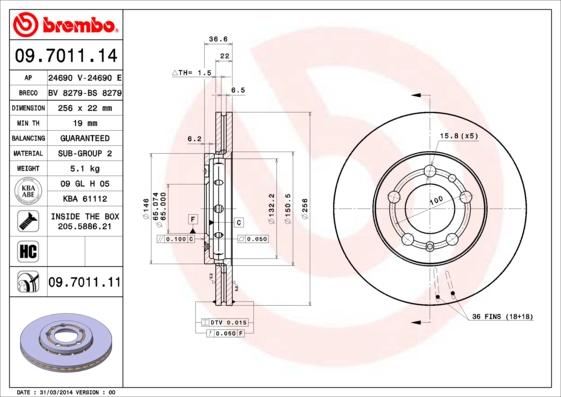 Brembo 09.7011.11 - Тормозной диск autosila-amz.com