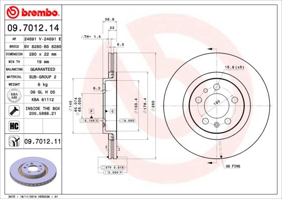 Brembo 09.7012.11 - Тормозной диск autosila-amz.com