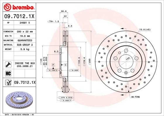 Brembo 09.7012.1X - Тормозной диск, 1шт., Xtra, Вентилируемый, перфорир., передн Лев/Прав, наружный диаметр 280 мм, толщ autosila-amz.com