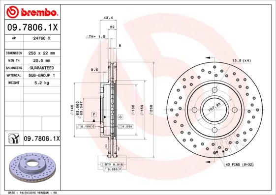 Brembo 09.7806.1X - 09.7806.1X диск тормозной передний! перфорированный Xtra\ Ford Focus 1.4i-1.6i 16V 96> autosila-amz.com