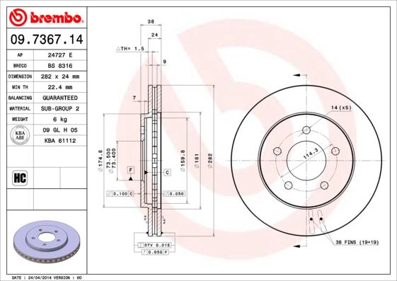 Brembo 09.7367.14 - Тормозной диск autosila-amz.com