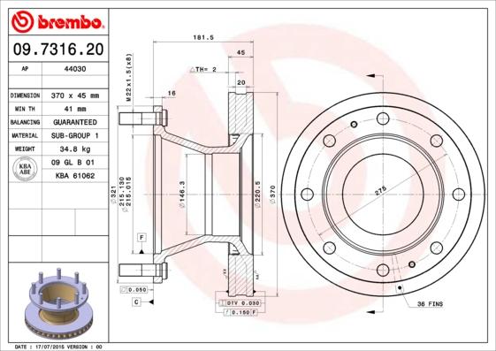 Brembo 09.7316.20 - Тормозной диск autosila-amz.com
