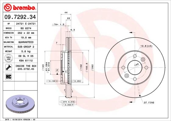 Brembo 09.7292.34 - Тормозной диск autosila-amz.com