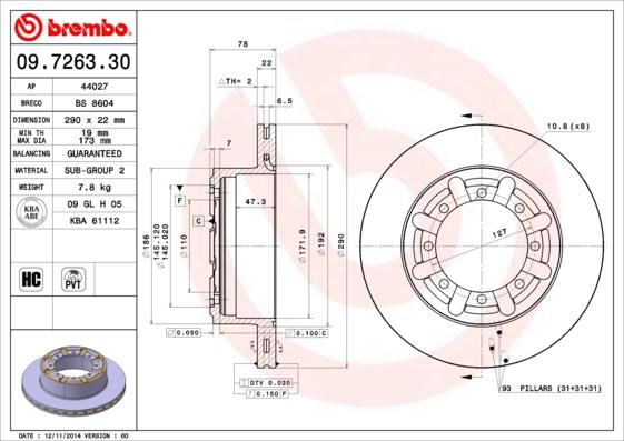 Brembo 09.7263.30 - Тормозной диск autosila-amz.com