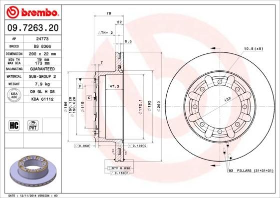 Brembo 09.7263.20 - Тормозной диск autosila-amz.com